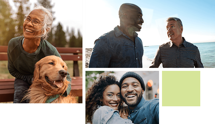 A happy, senior polynesian woman enjoying the outdoors with her dog. A multiracial gay couple having a wonderful afternoon stroll on the beach. A happy young black couple.he upper right is an active, ethnic, senior woman of Asian and Pacific Islander descent, enjoying the outdoors with her pet dog.  The bottom is happy young, black couple taking selfies in the city while on a date.