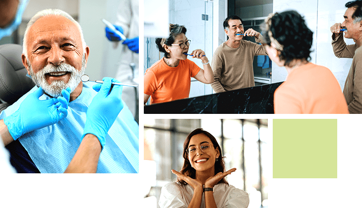 Collage of 3 photos The upper left is a happy mature man during a teeth check-up at dental clinic The upper right is an asian chinese senior couple brushing teeth ina  bathroom during their early morning routine The lower center photo is a playful hispanic woman framing her wonderful smile with her hands