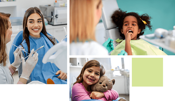 Collage of 3 photos The upper left is a smiling young woman speaking with a female dentist during an appointment The upper right is a female dental assistant smiling as a young black toddler shows point to an aching tooth The lower center photo is a happy little girl holding a teddy bear in their arms at a dentist office