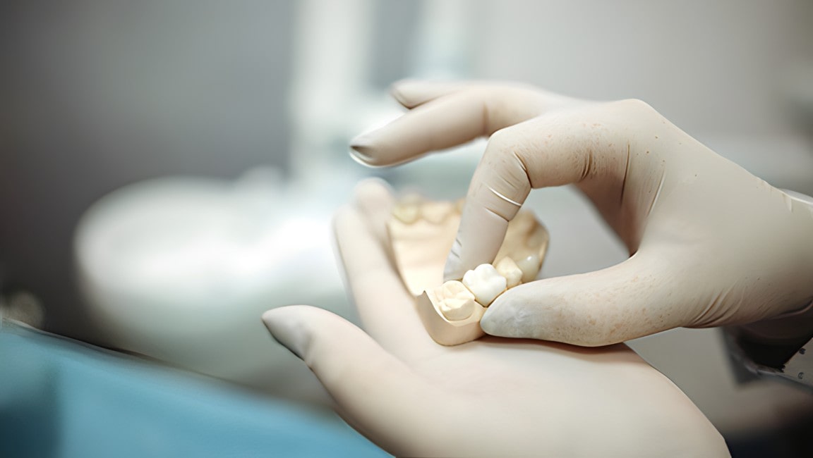 A dentist carefully analyzing teeth and crowns from a dental mold