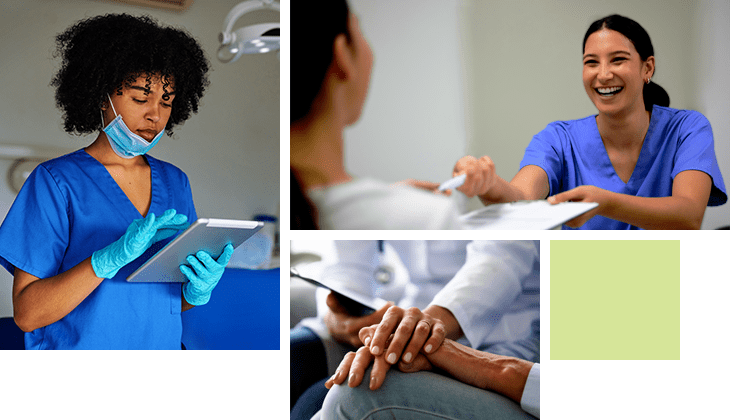 Collage of different people.  The upper left is an African American mechanic dental professional working on her tablet. The upper right is of a dental assistant helping a patient with paperwork. The lower photo contains an elderly couple, comforting one another's hands.is a doctor holding a patient's hand.