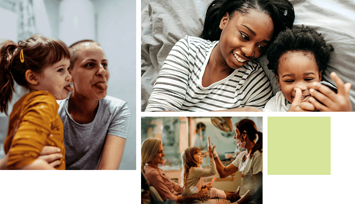 This image is a collage of different people.    The upper left is a mother and toddler having fun, watching cartoons on a phone.  The upper right is a mother with cancer, hugging her daughter in bathroom and making faces.  The bottom is a happy girl with her mother, giving a high five to a dentist after a medical exam at dentist's office.