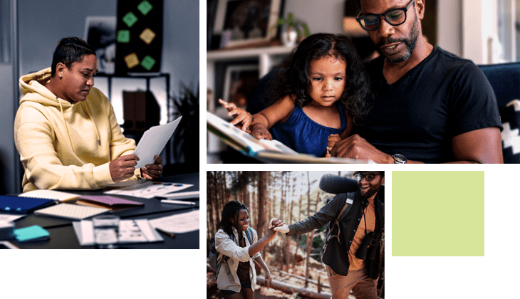 Collage of different people.    The upper left is young designer looking over concepts  The upper right is a loving father of African descent sits on the couch at home and reads a storybook to his preschool age daughter. The child is sitting on her father's lap and is looking at the book intently.  The bottom is a young couple on vacation in the countryside, enjoying the summer. They are walking through a forest and exploring nature.