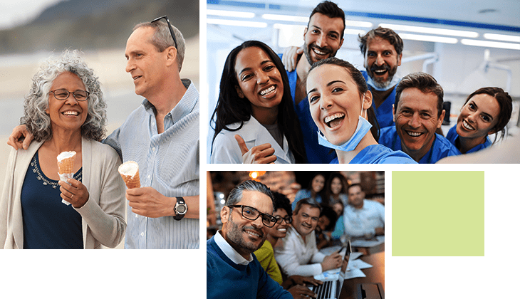 Collage of different people.    The upper left is of an adorable senior couple enjoy each other's company and ice cream cones on an Oregon beach.  The upper right is a group of happy dental practitioners in a Dentist's office.  The bottom is of a handsome Latin american man taking a selfie with his team at the office.